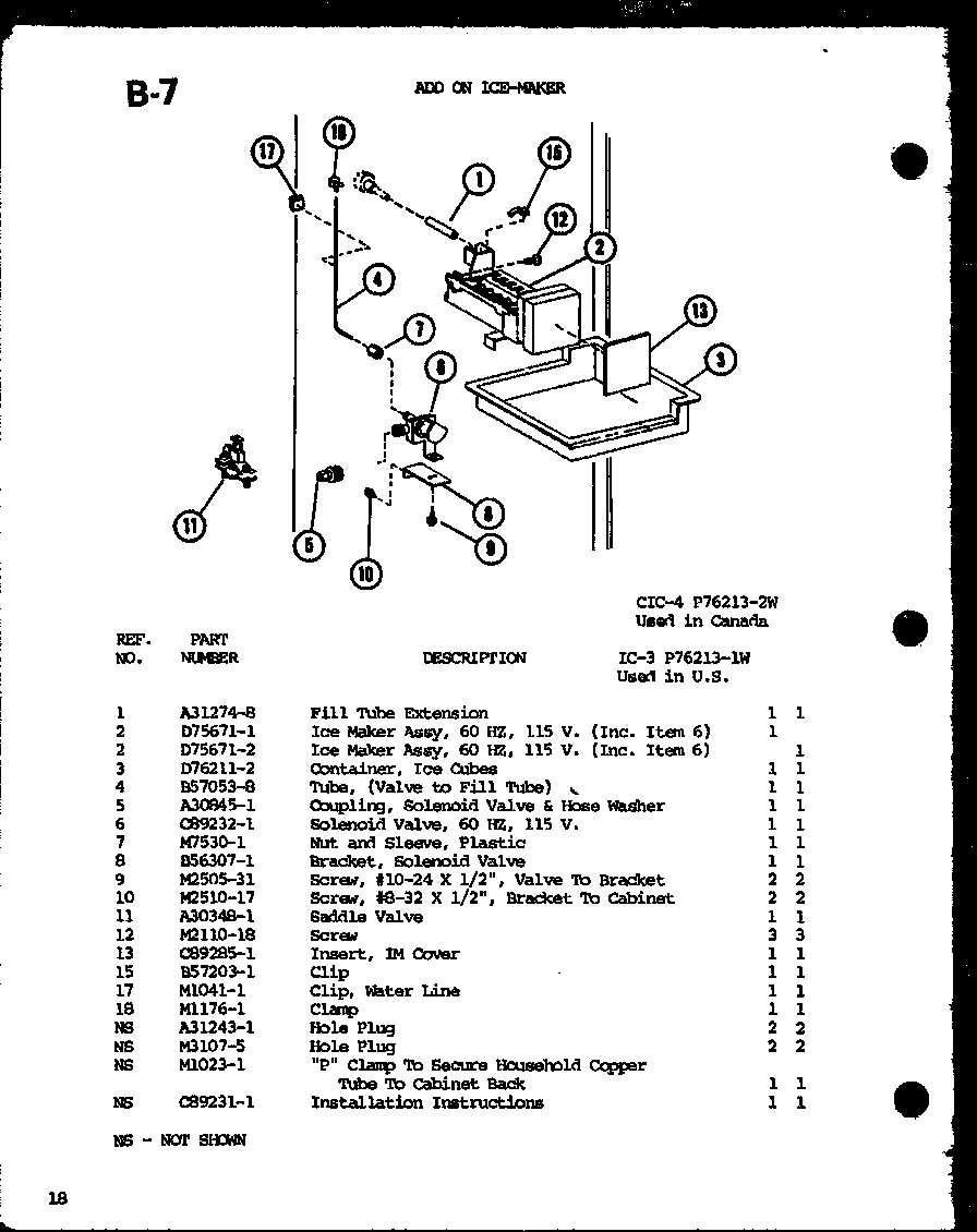 Amana TM16G-P75535-7W add on ice-maker (ic-3/p76213-1w) (cic-4/p76213-2w) diagram