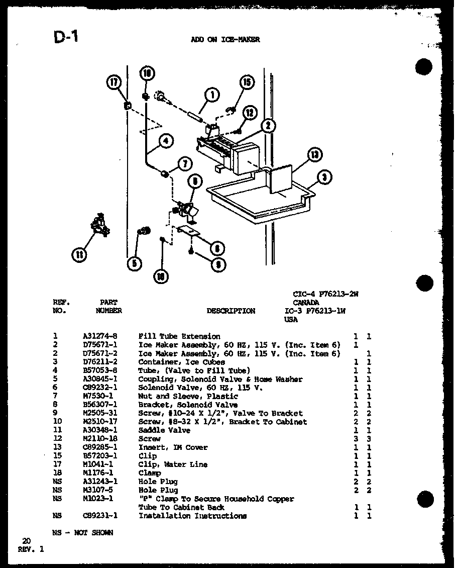 Amana TM20G-P75535-17W add on ice-maker (ic-3/p76213-1w) (cic-4/p76213-2w) diagram