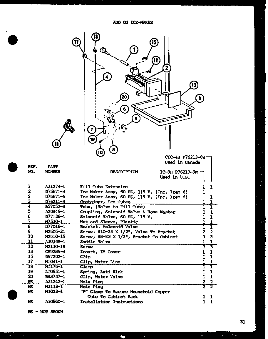 Amana TLI18J-P7739006W add on ice-maker (ic-3h/p76213-5w) (cic-4h/p76213-6w) diagram