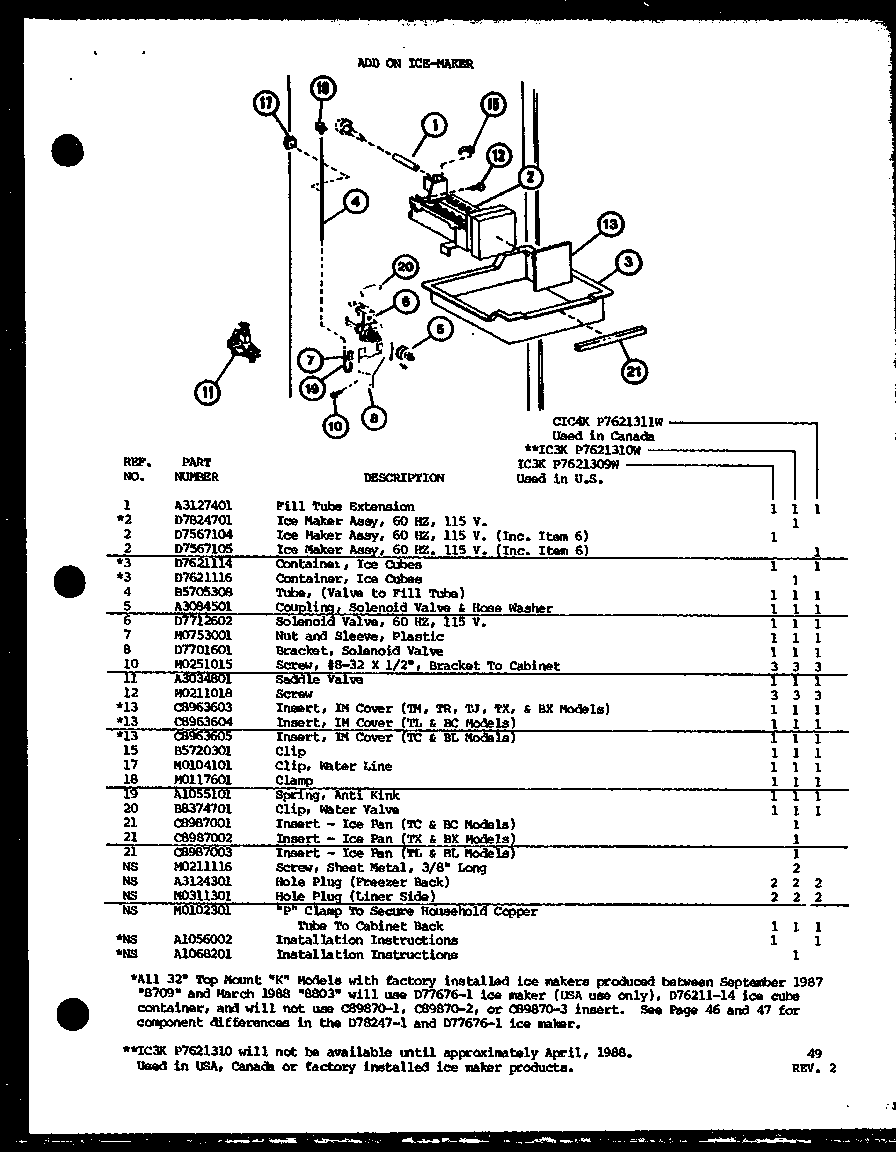 Amana TCI22K-P7803244W add on ice-maker (ic3k/p7621309w) (ic3k/p7621310w) (cic4k/p7621311w) diagram