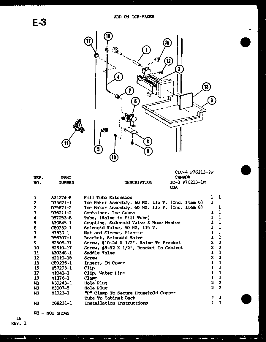 Amana TC22G-P75535-14W add on ice-maker (ic-3/p76213-1w) (cic-4/p76213-2w) diagram