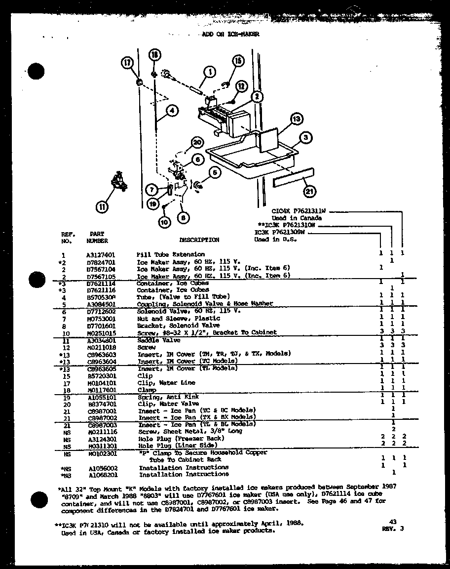 Amana TMI18K-P7791116W add on ice-maker (ic3k/p7621309w) (ic3k/p7621310w) (cic4k/p7621311w) diagram