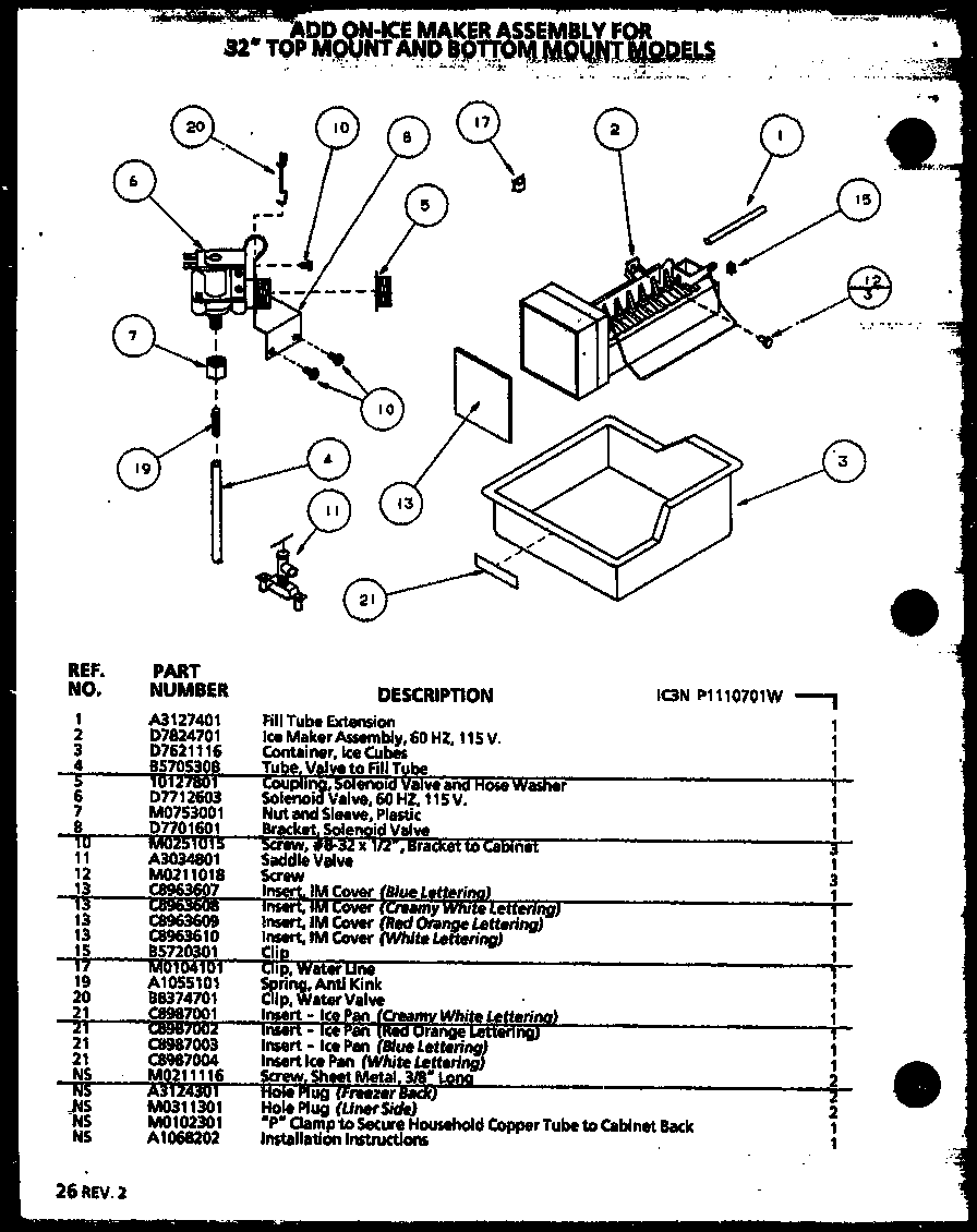 Amana TRG18QBL-P1111310WL add-on icemaker (ic3n/p1110701w) diagram