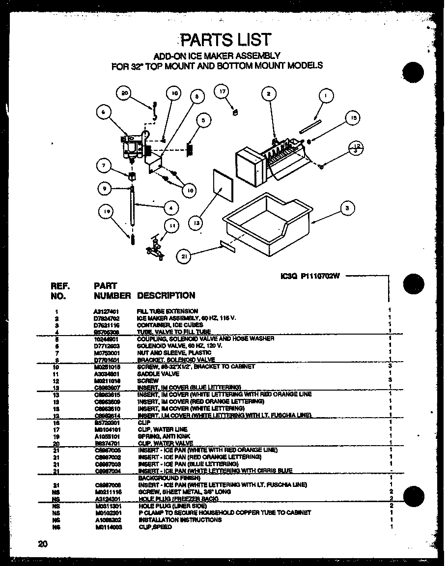 Amana D7824702 add-on ice maker assembly for 32" top mount and bottom mount diagram