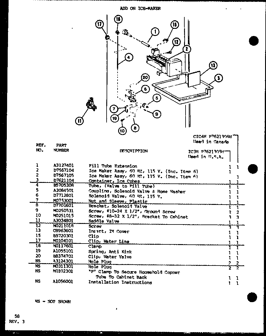 Amana TJ16K-P7791135W add on ice-maker (ic3h/p7621305w) (cic4h/p7621306w) diagram