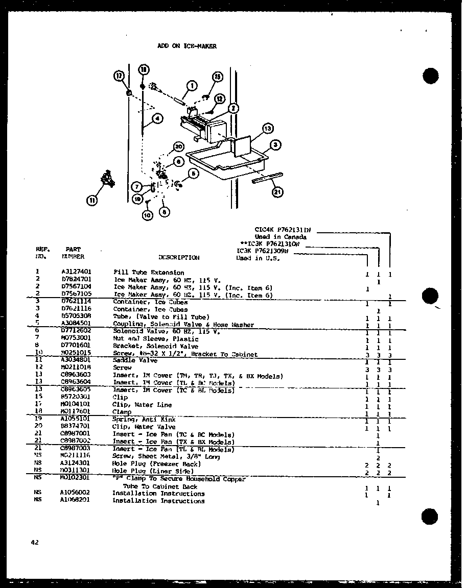 Amana TC20M-P7858503W add on ice-maker (ic3k/p7621309w) (ic3k/p7621310w) (cic4k/p7621311w) diagram