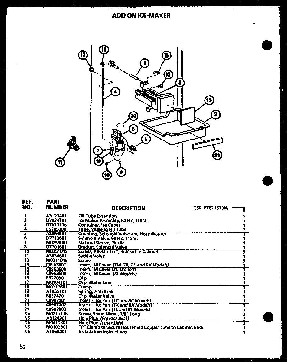 Amana TX18N-P1106207W add on ice-maker (ic3k/p7621310w) diagram