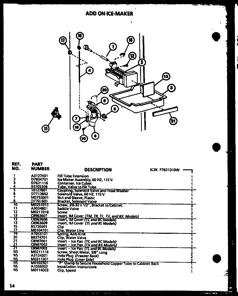 Amana TXI18N-P1106220W add on ice-maker (ic3k/p7621310w) diagram