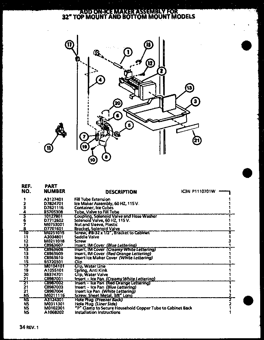 Amana 86878-P1113703W add on-ice maker (ic3n/p1110701w) diagram