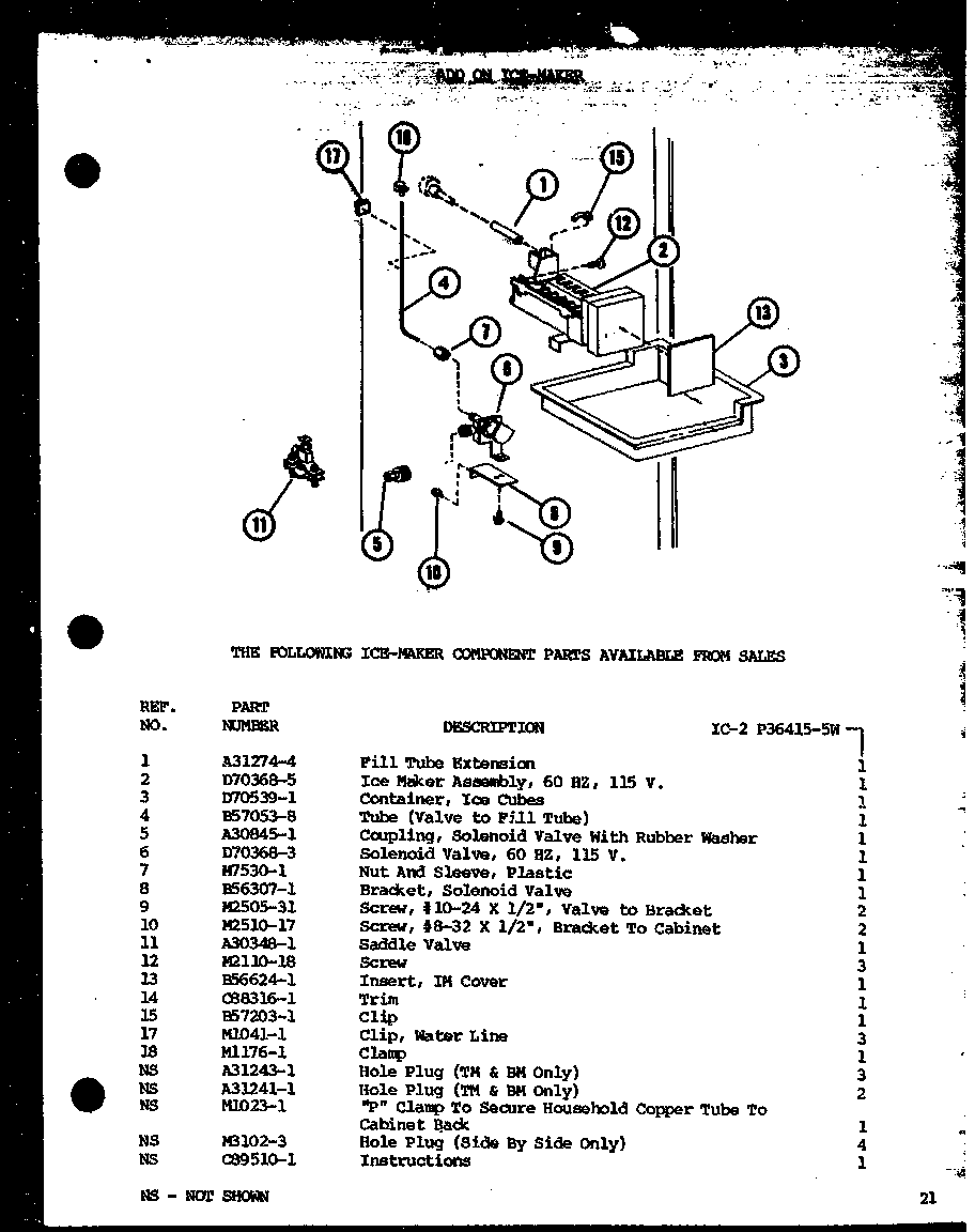 Amana CIC-3-P87358-1W add on ice-maker (ic-2/p36415-5w) diagram