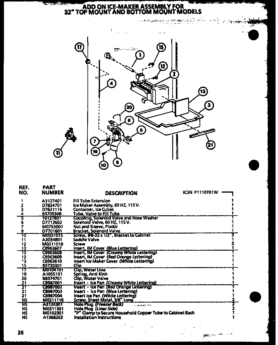 Amana 85088-P1109008W add on ice-maker assembly (ic3n/p1110701w) diagram