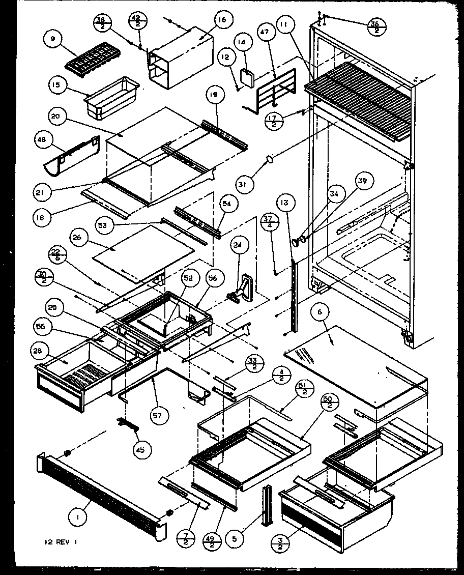 Amana 85178L-P1117104WL refrigerator shelving and drawers diagram