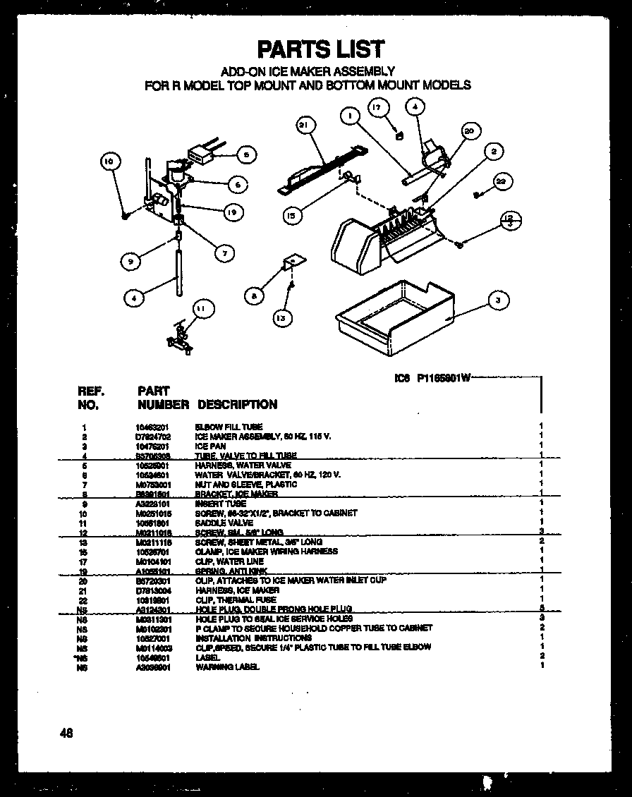 Amana TZI22RW-P1168007WW add-on ice maker assembly for r model top mount and bottom m diagram