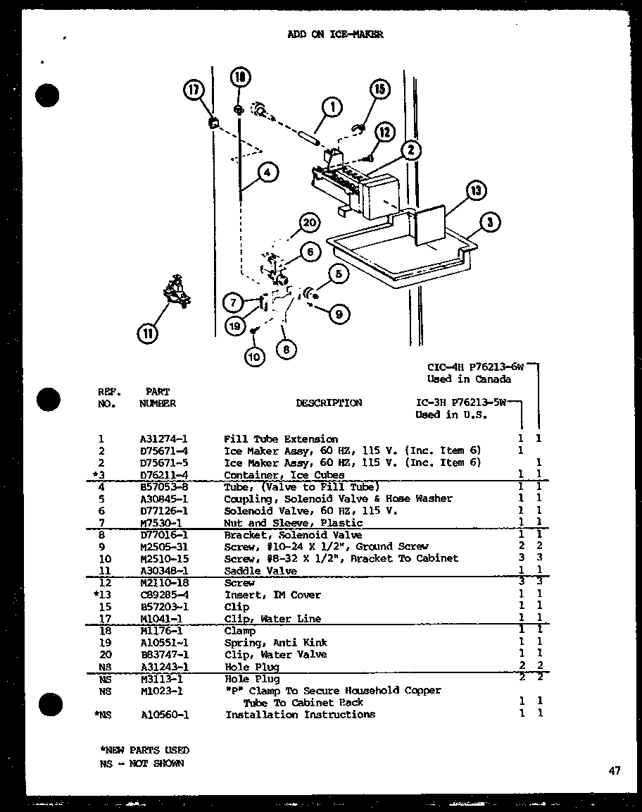 Amana TC22H-P7711035W add on ice-maker (ic-3h/p76213-5w) (cic-4h/p76213-6w) diagram
