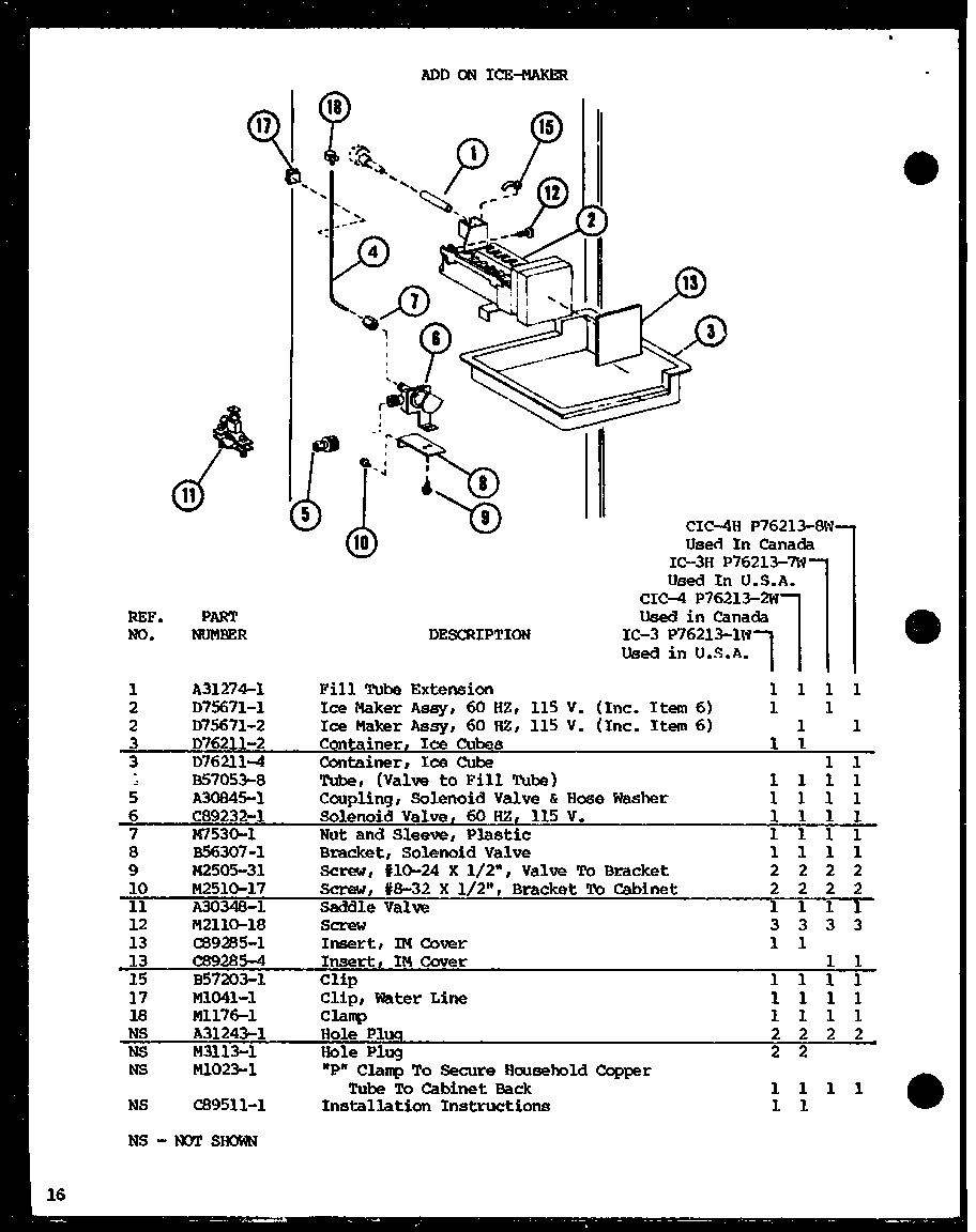 Amana TC18H-P7711037W add on ice-maker (ic-3/p76213-1w) (cic-4/p76213-2w) (ic-3h/p76213-7w) (cic-4h/p76213-8w) diagram