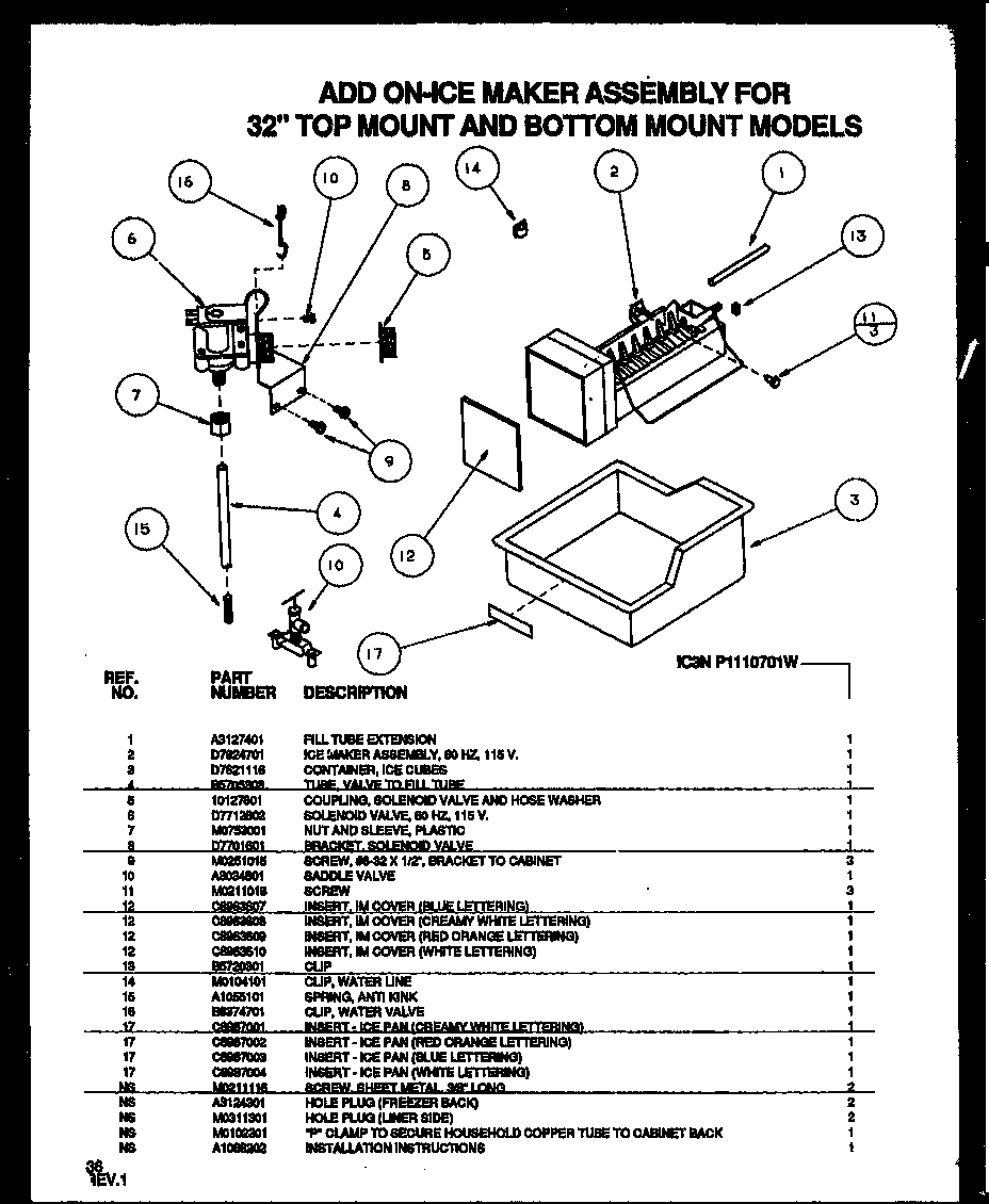 Amana TZ21Q2E-P1111713WE add on-ice maker assembly for 32" top mount and bottom mount diagram