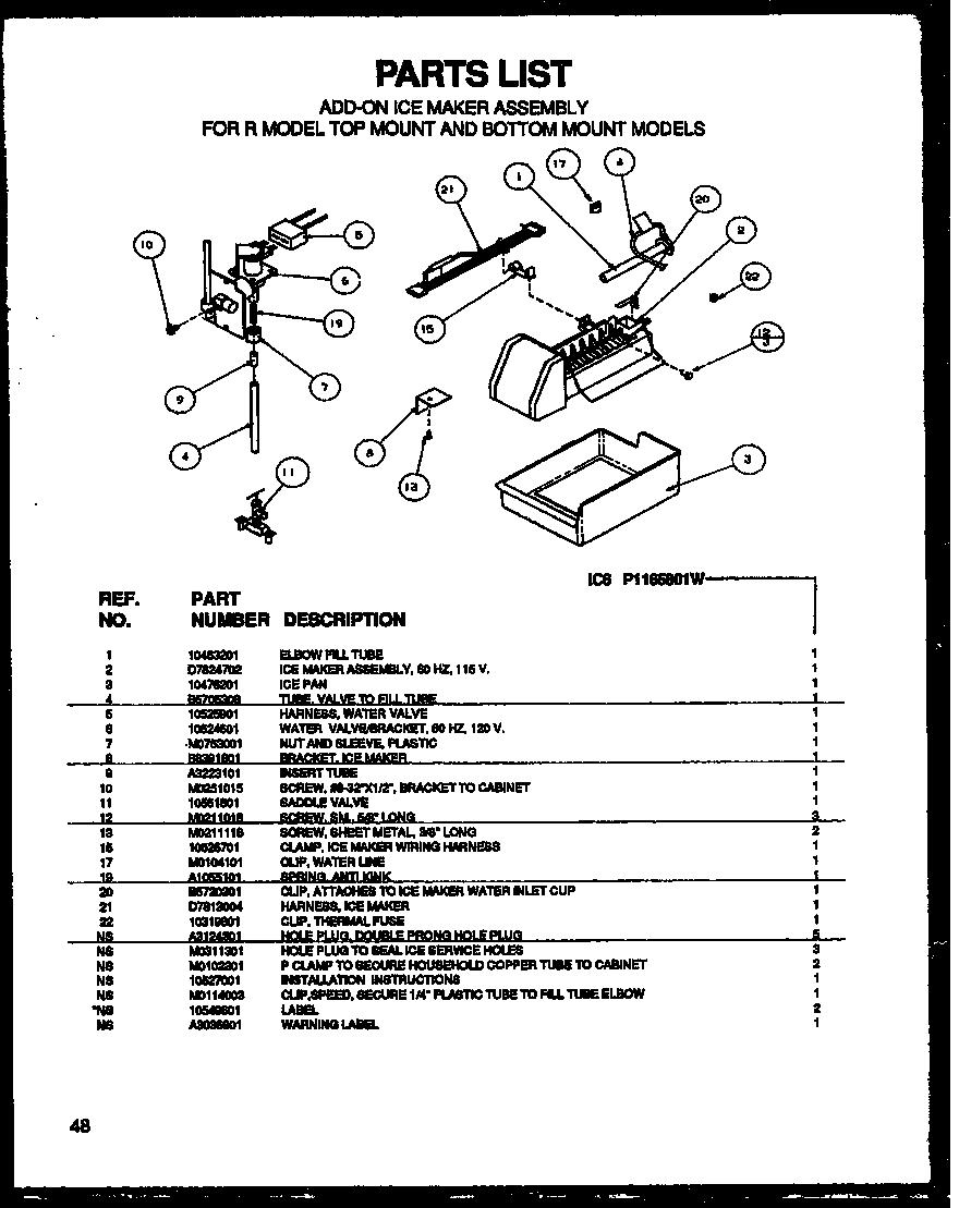 Amana TZI22R2W-P1168013WW add on ice maker assembly for r model top mount and bottom m diagram