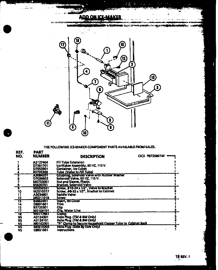 Amana IC2-P3641505W-FRZ add on ice-maker (cic3/p8735801w) diagram