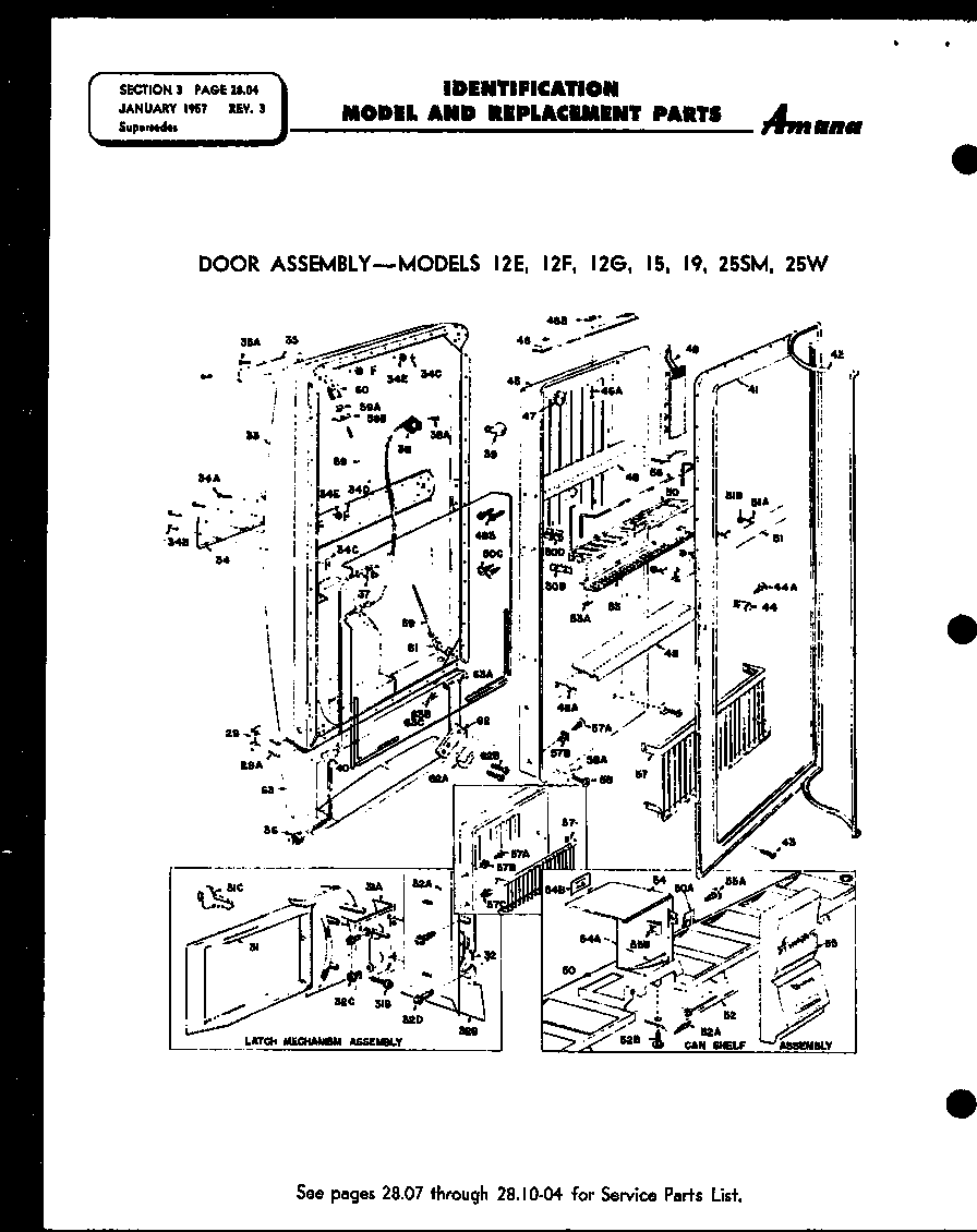 Amana 25WB door assembly - models 12e, 12f, 12g, 15, 19 diagram