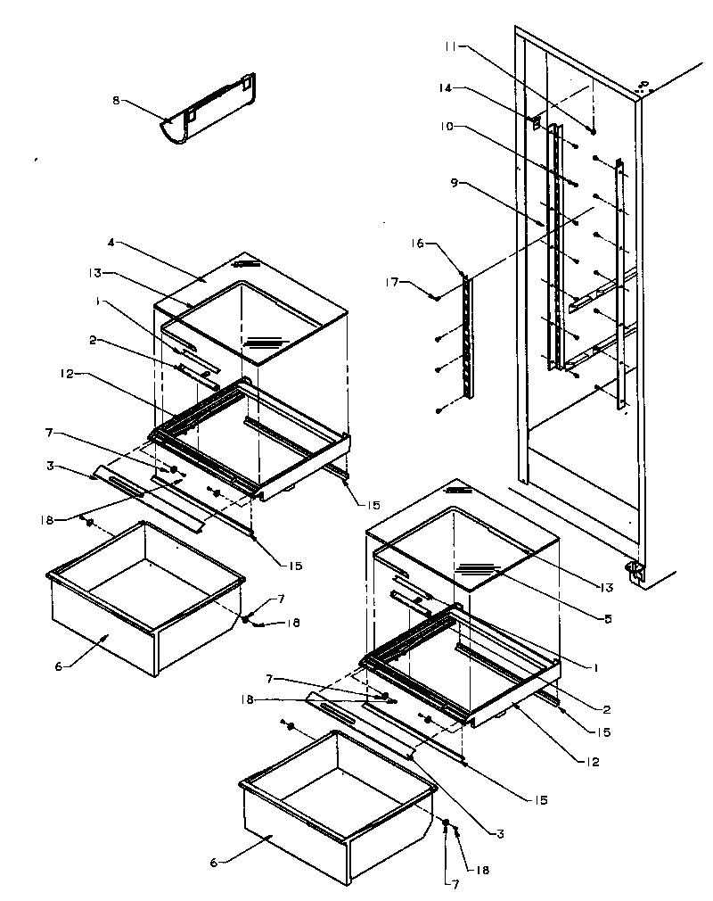 Amana SXD25NPW-P1162420WW refrigerator shelving and drawers diagram
