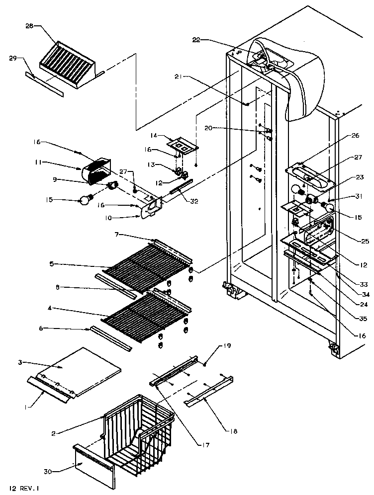 Amana SQD22NW-P1181301WW freezer shelving and refrigerator light diagram