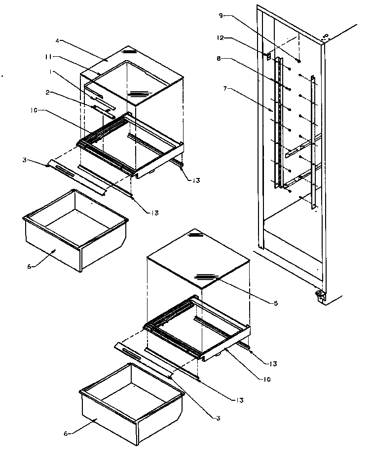 Amana SQD22NW-P1181301WW refrigerator shelving and drawers diagram