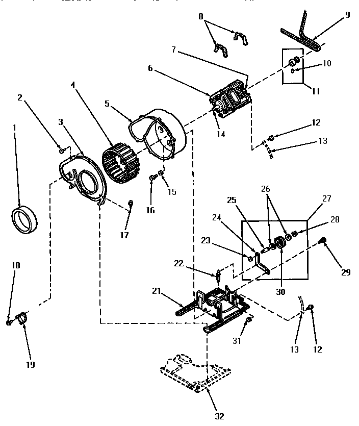Speed Queen AEE933 motor, exhaust fan and belt diagram