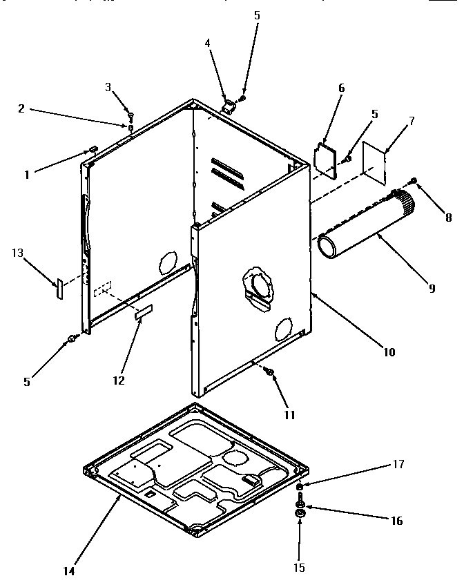 Speed Queen AEE933 cabinet, exhaust duct and base diagram