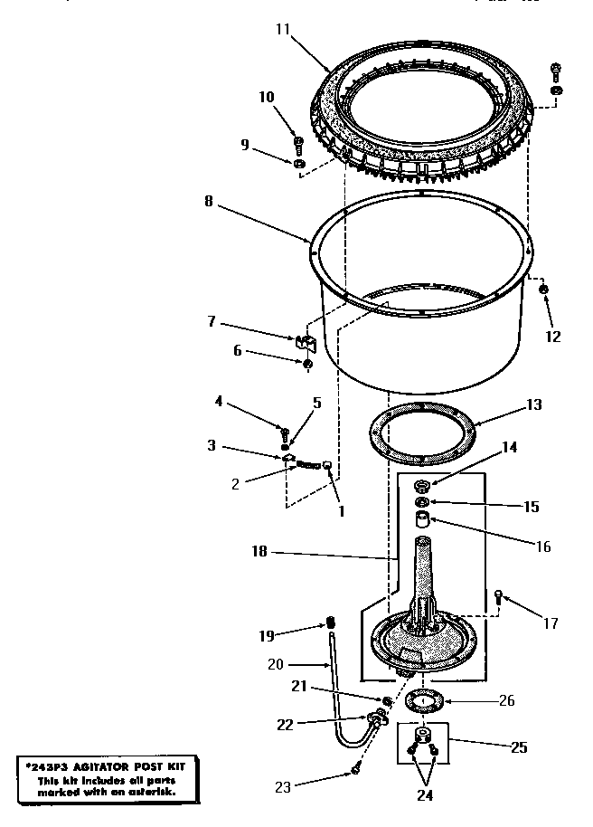 Speed Queen DA3691 agitator post and spin tub diagram