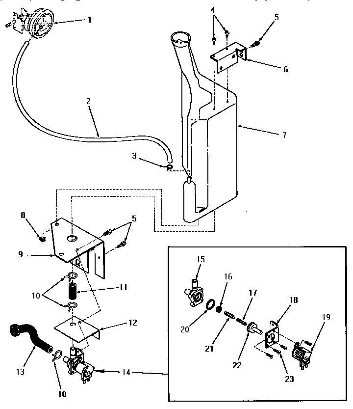 Speed Queen DA6201 reservoir and drain valve (thru #s556d39 and 234j7952) diagram