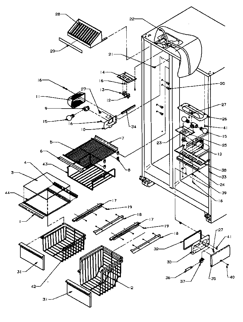 Amana SBI20QW-P1162905WW freezer shelving & refrigerator light (sbd20q2e/p1162512we) (sbd20q2w/p1162512ww) diagram