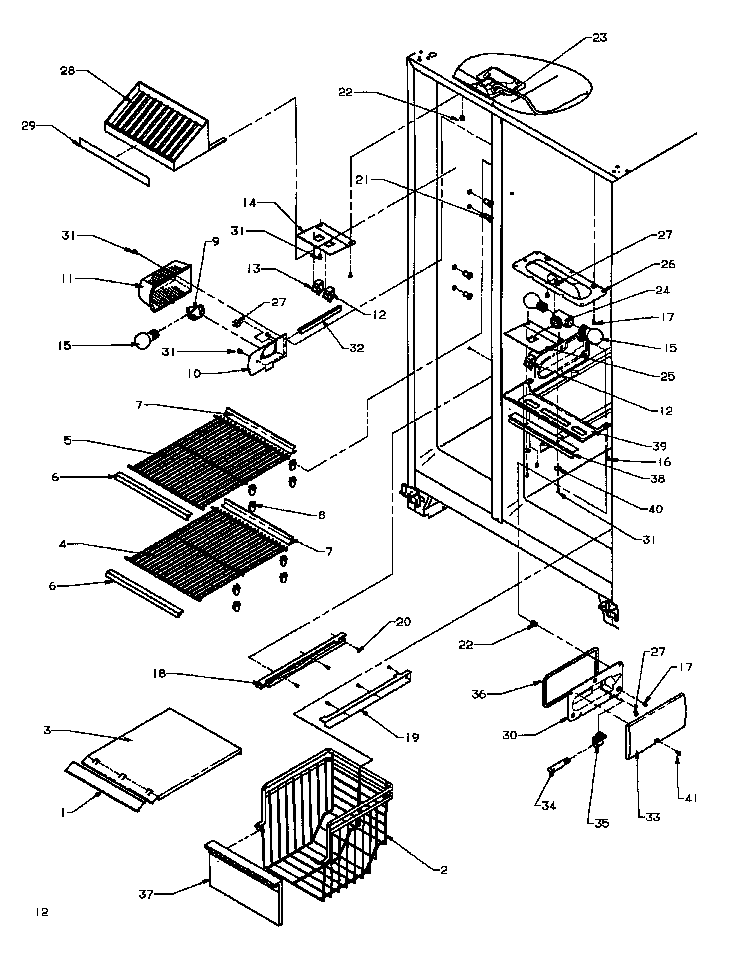 Amana SXDE27QE-P1162208WE freezer shelving and refrigerator light diagram
