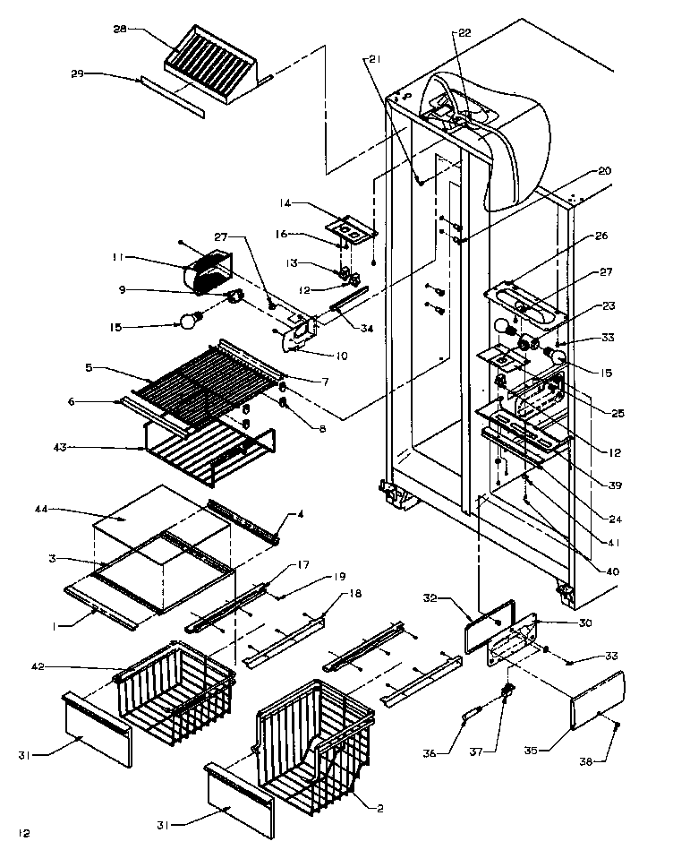 Amana SXD20Q2E-P1162508WE freezer shelving and refrigerator light diagram