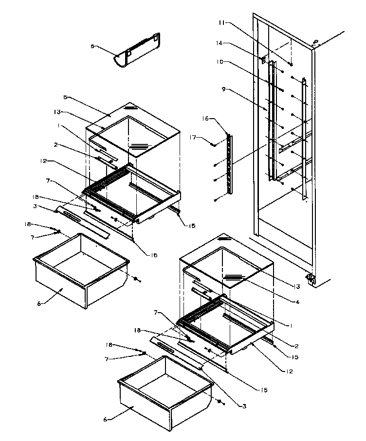 Amana SXD20Q2E-P1162508WE refrigerator shelving and drawers diagram
