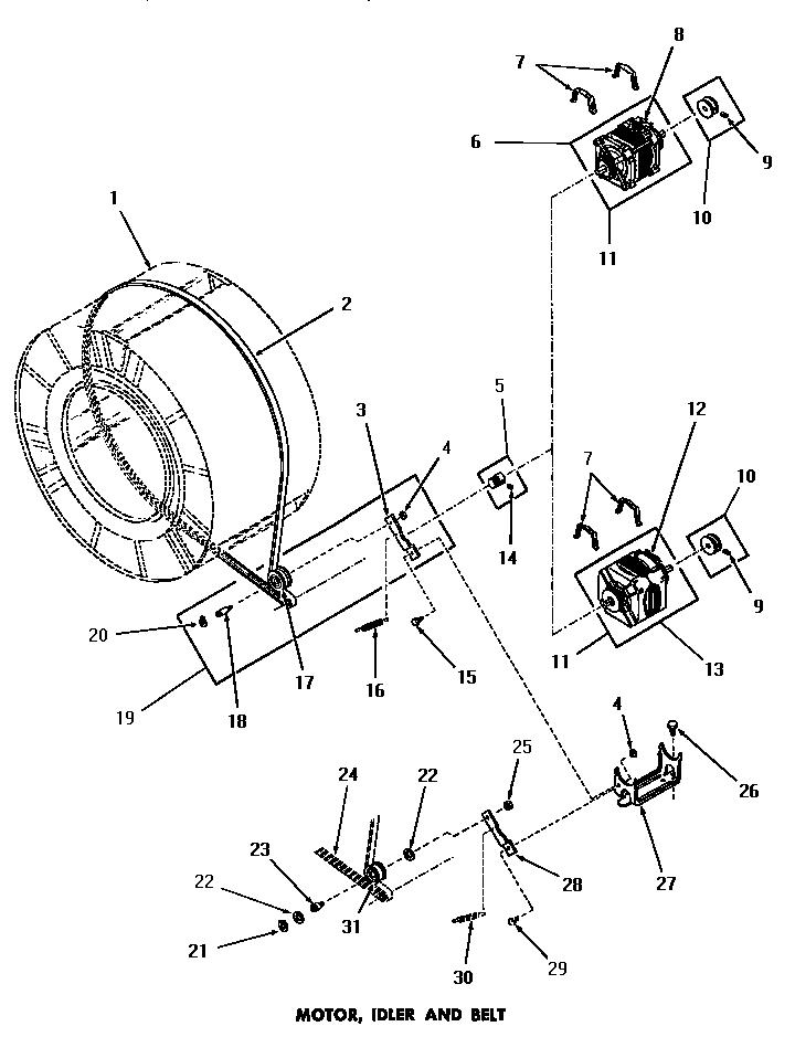 Speed Queen DG9031 motor, idler & belt diagram