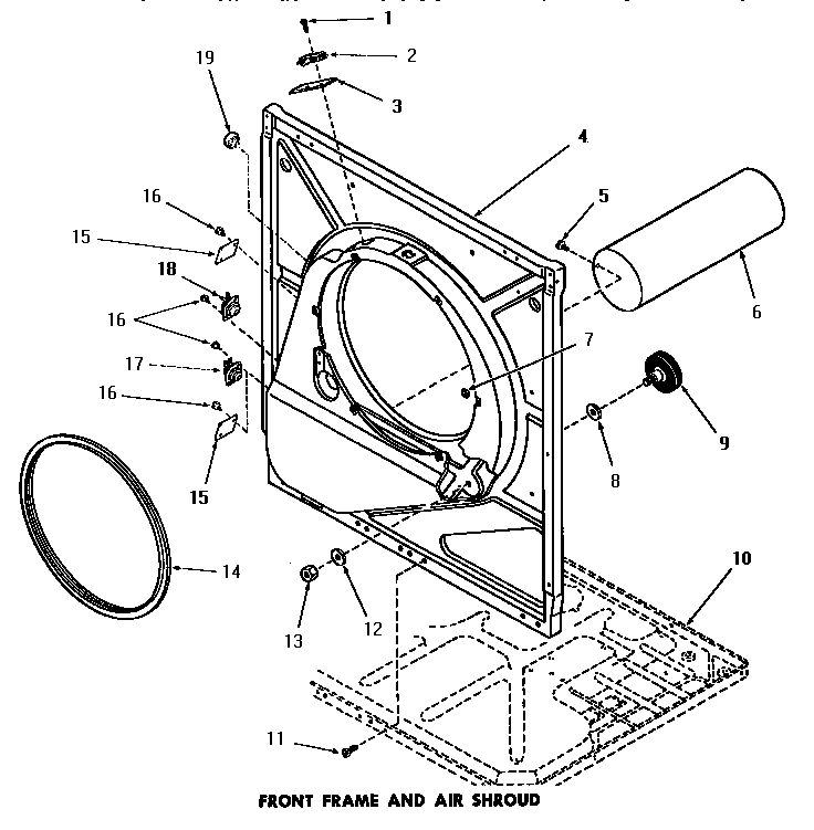 Speed Queen DE1021 front frame and air shroud diagram