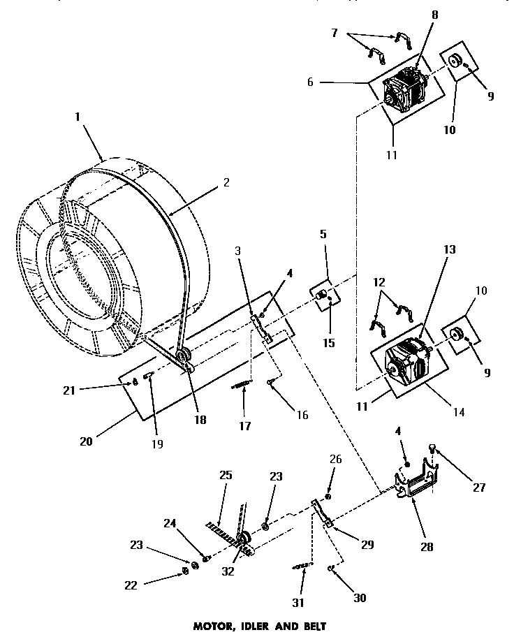 Speed Queen DE1021 motor, idler & belt diagram