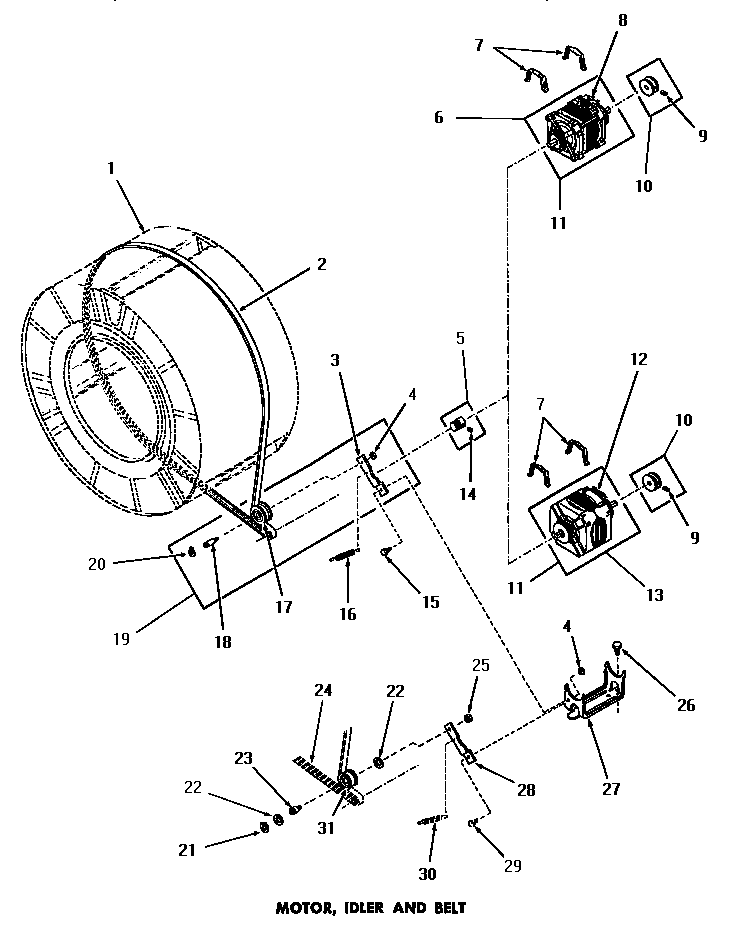 Speed Queen DG1030 motor, idler & belt diagram