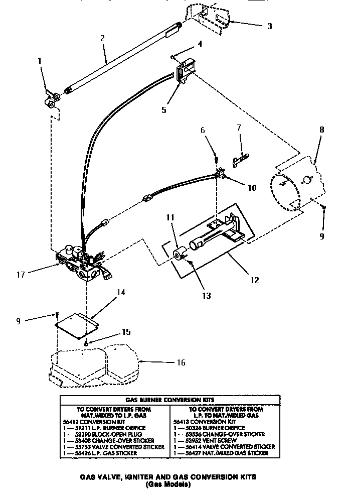 Speed Queen HG6660 gas valve, igniter & gas conversion kits diagram