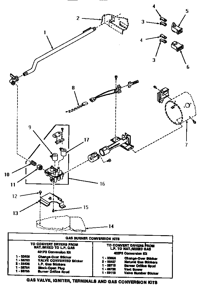 Speed Queen HG6660 gas valve, igniter, terminals & gas conversion kits diagram