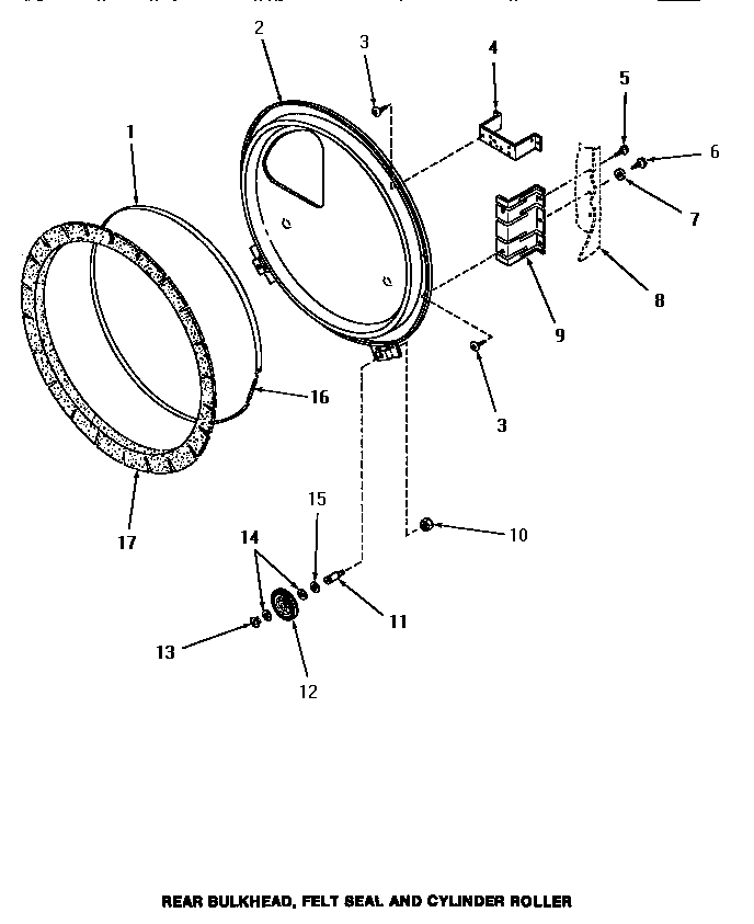 Speed Queen HE4330 rear bulkhead, felt seal & cylinder roller diagram