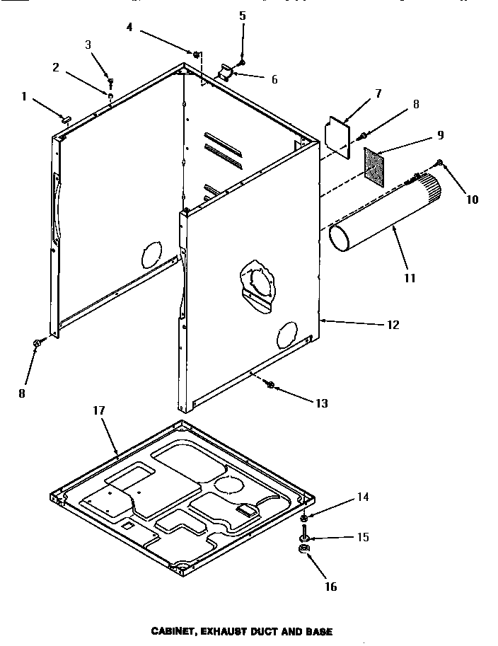 Speed Queen HE4330 cabinet, exhaust duct, & base diagram