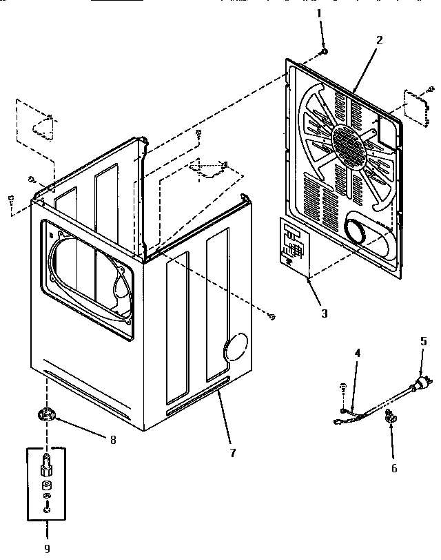 Speed Queen YE1243 cabinet assembly, rear panel and power cord diagram