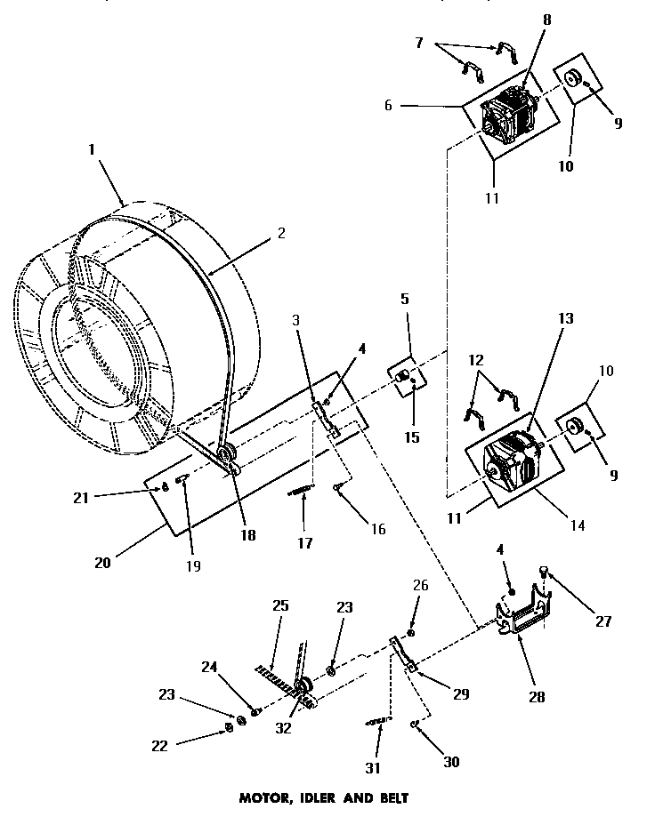 Speed Queen DE6230 motor, idler & belt diagram