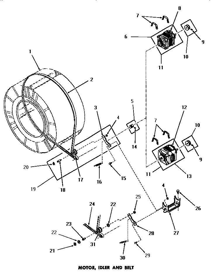Speed Queen DG3280 motor, idler & belt diagram