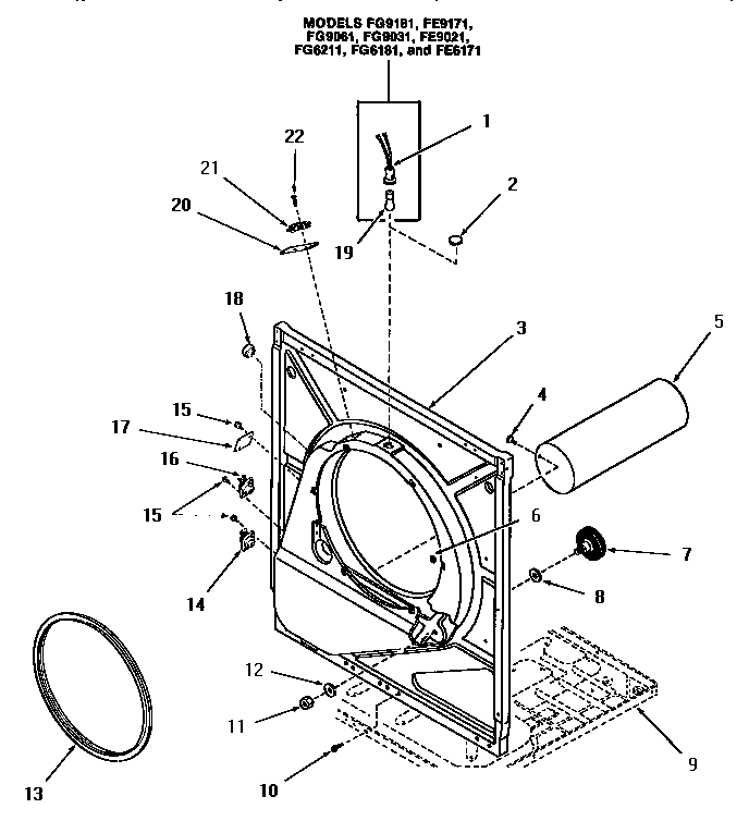 Speed Queen FE3850 front frame and air shroud diagram