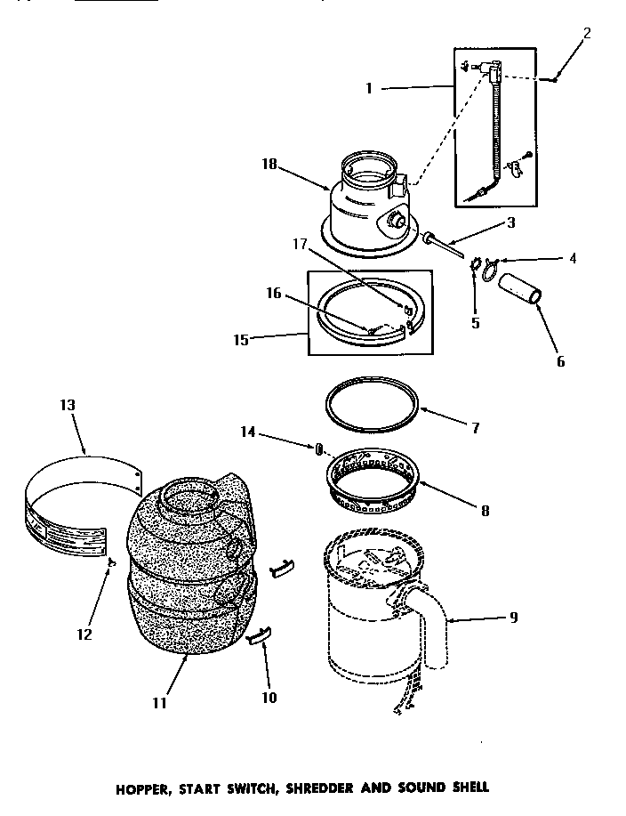 Speed Queen DB8181N hopper, start switch, shredder & sound shell diagram