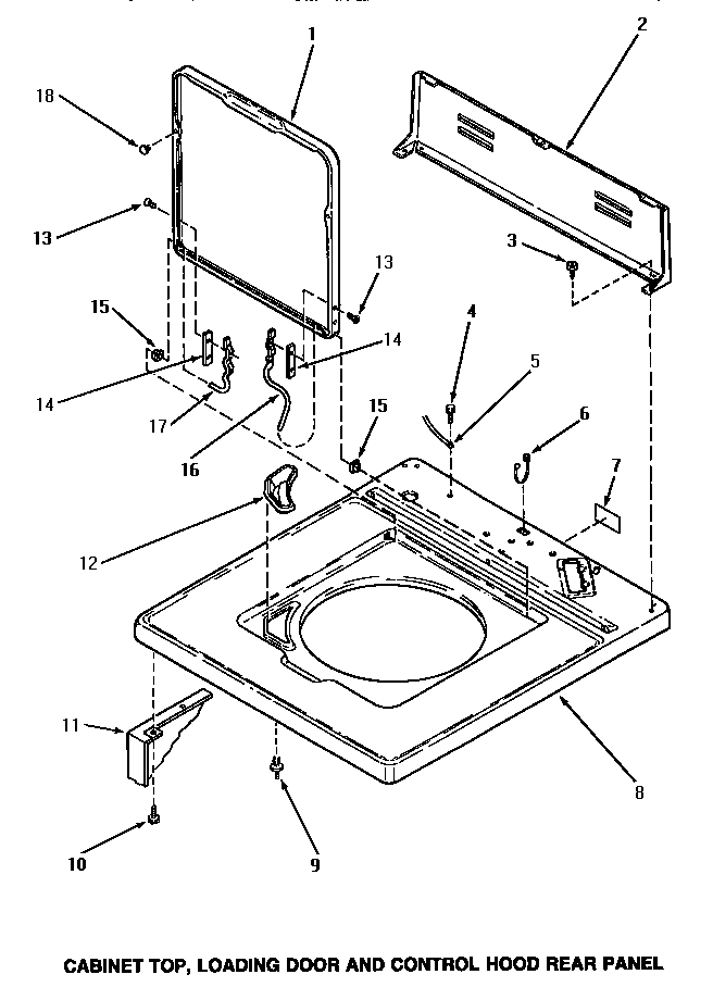 Speed Queen AA5420 cabinet top, loading door & control hood rear panel diagram