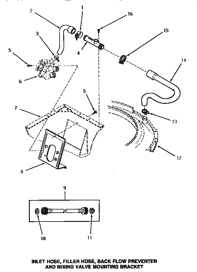 Speed Queen AA5420 inlet hose, filler hose, back flow preventer & bracket diagram
