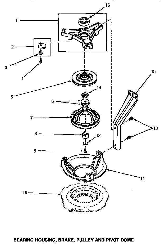 Speed Queen AA5420 bearing housing, brake, pulley & pivot dome diagram